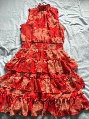 STATE Red Floral Smocked Tiered Ruffle Dress